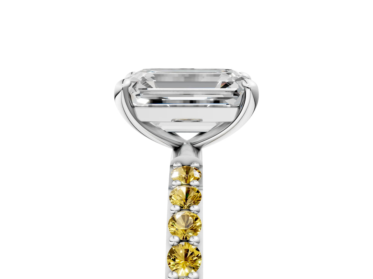White gold Emerald Cut Diamond Solitaire Ring with Round Yellow Sapphire Pavé Band and Prong Setting_5