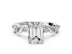 White gold Emerald Cut Diamond Solitaire Twisted Band with Round Accents and Prong Setting