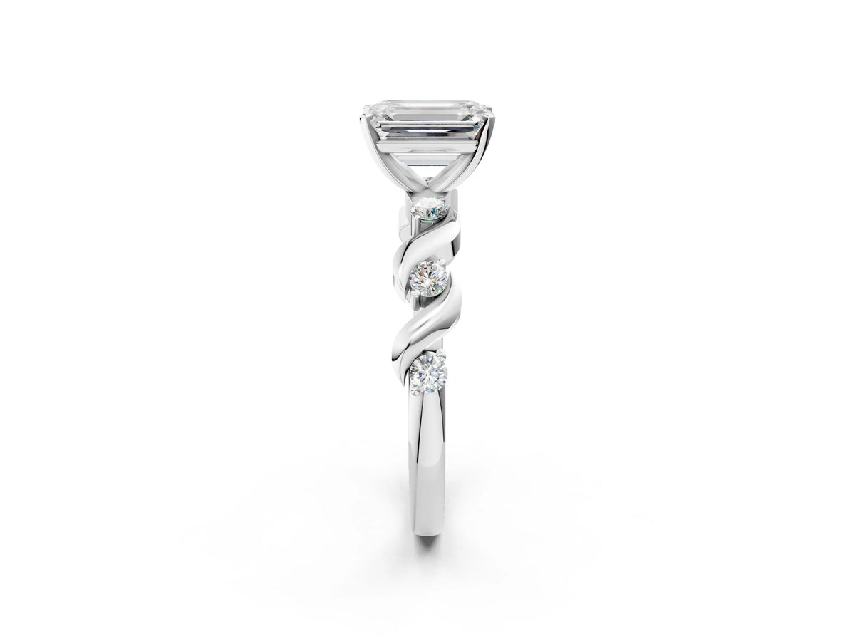 White gold Emerald Cut Diamond Solitaire Twisted Band with Round Accents and Prong Setting_2