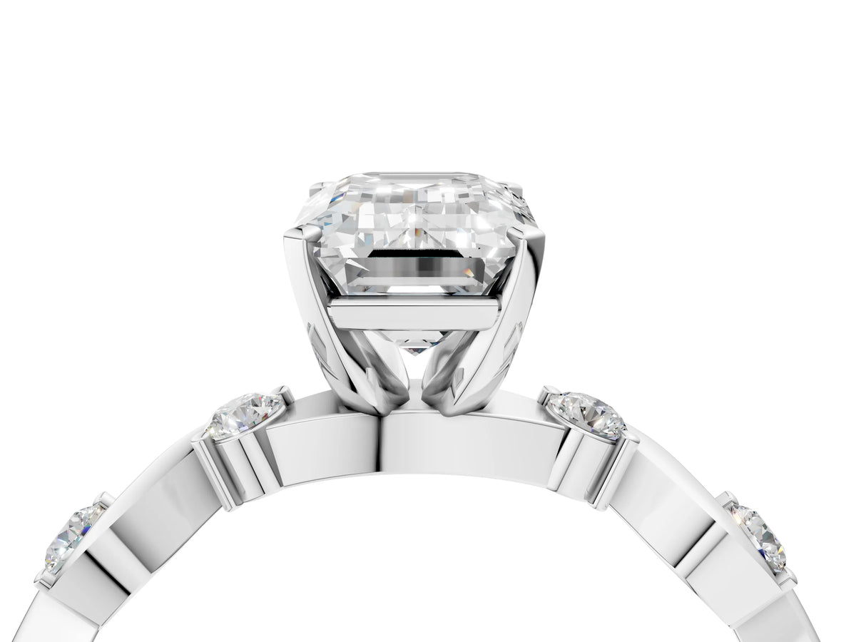 White gold Emerald Cut Diamond Solitaire Twisted Band with Round Accents and Prong Setting_4