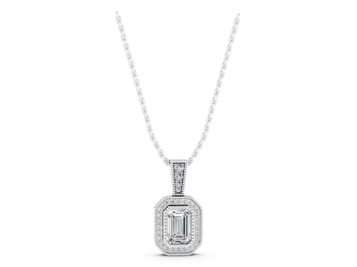 White gold Emerald Cut Halo Diamond Pendant with Pavé Setting_1