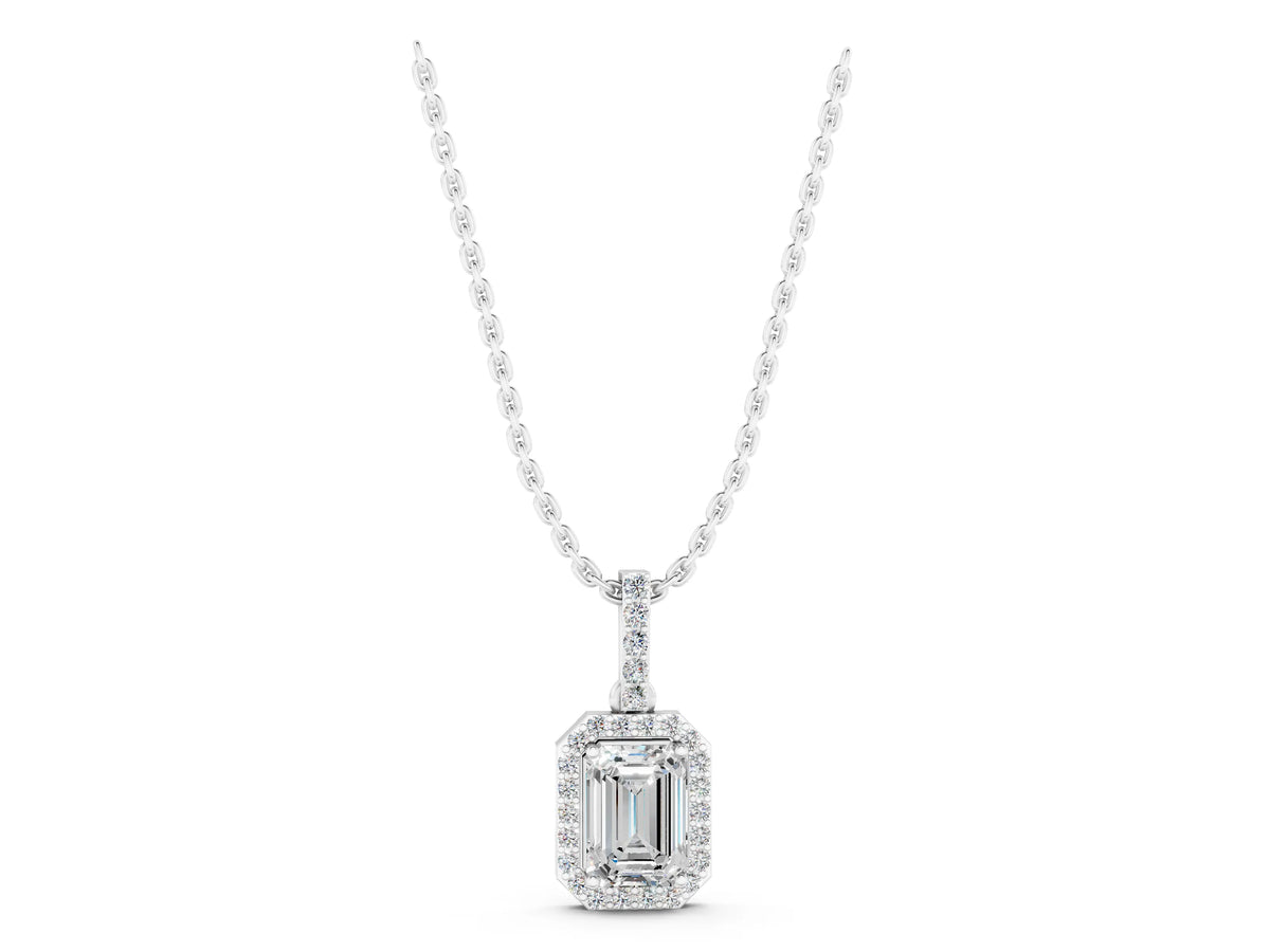 White gold Emerald Cut Halo Diamond Pendant with Prong Setting_1