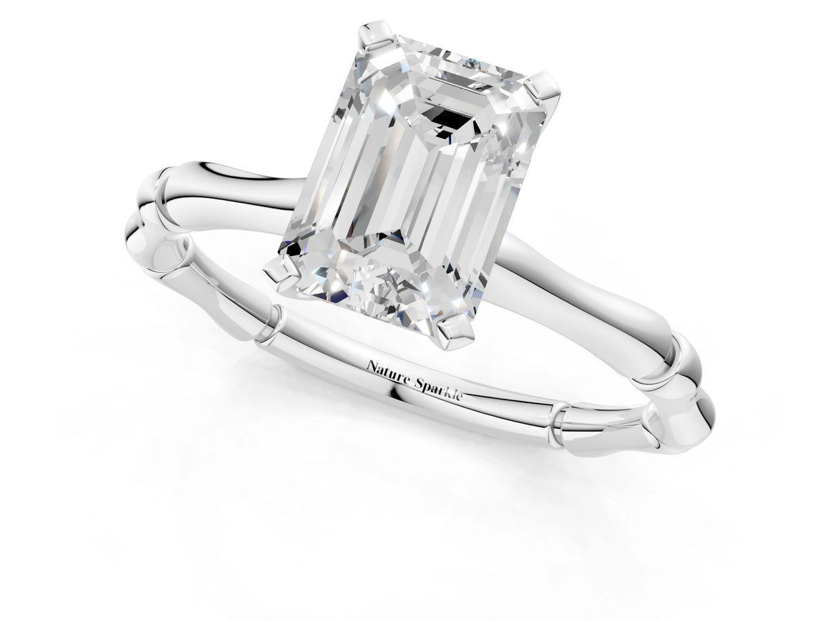 White gold Emerald Cut Solitaire Diamond Ring with Bamboo Band and Four-Prong Setting_1