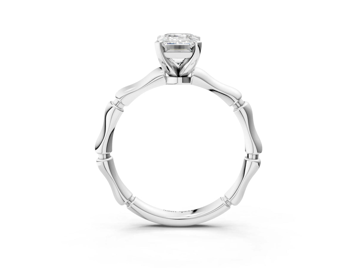 White gold Emerald Cut Solitaire Diamond Ring with Bamboo Band and Four-Prong Setting_3