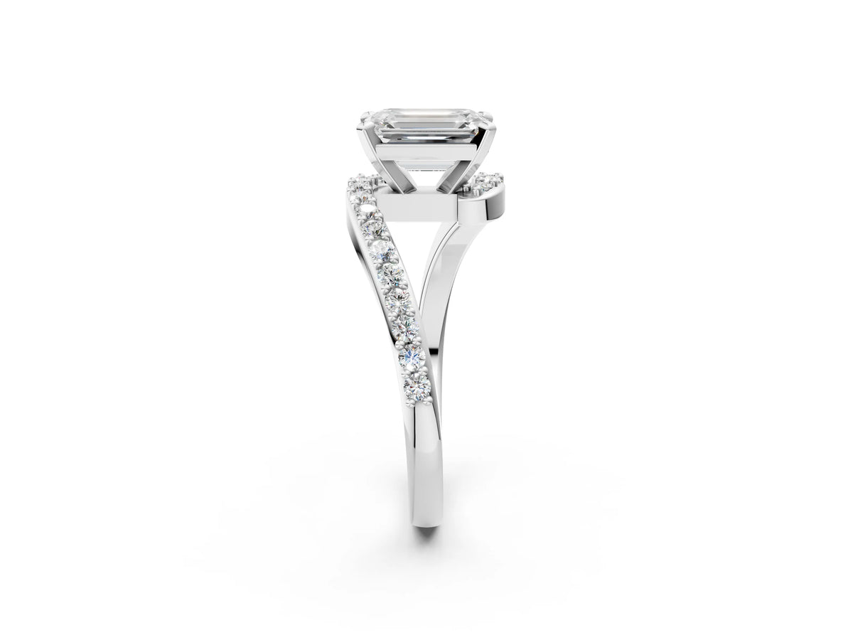 White gold Emerald Cut Solitaire Twist Band with Pave Set Diamonds and Four-Prong Setting_2