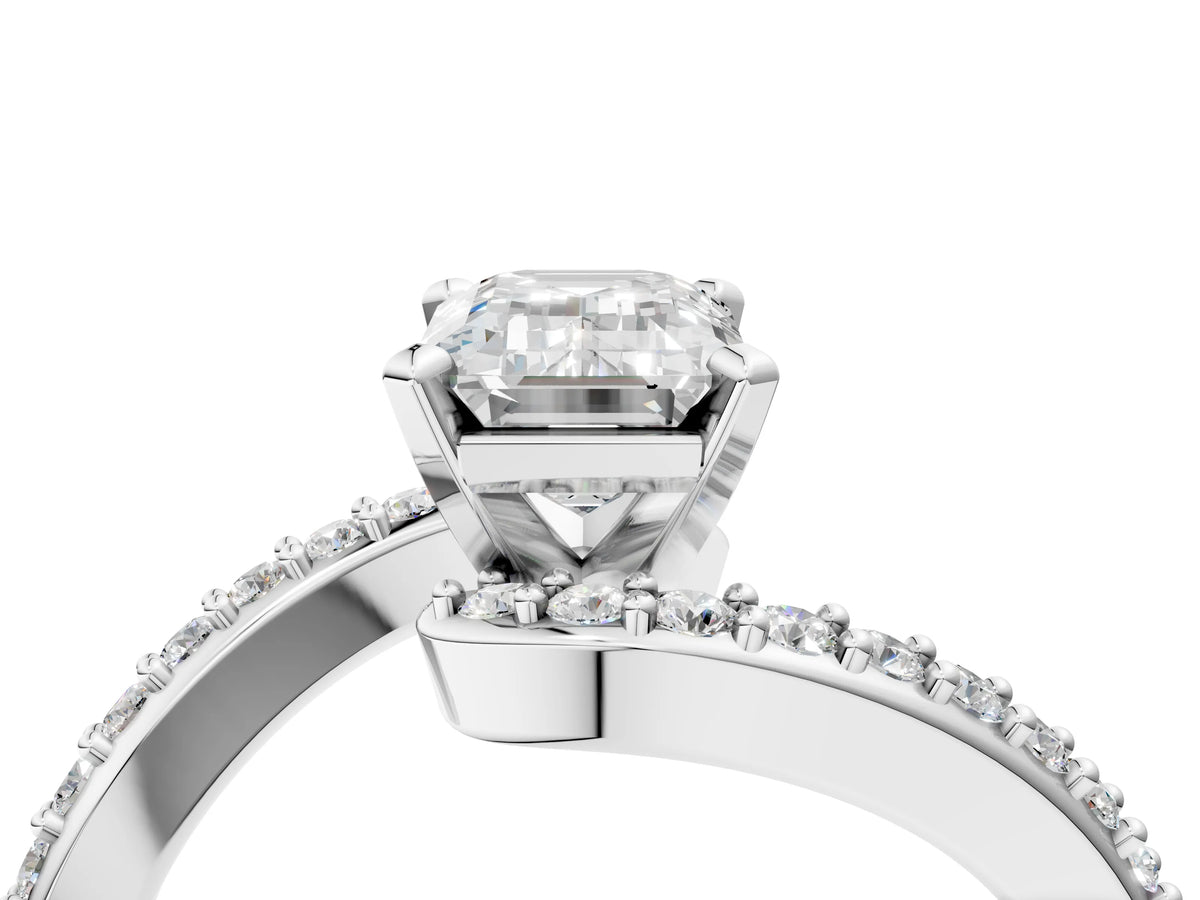 White gold Emerald Cut Solitaire Twist Band with Pave Set Diamonds and Four-Prong Setting_4