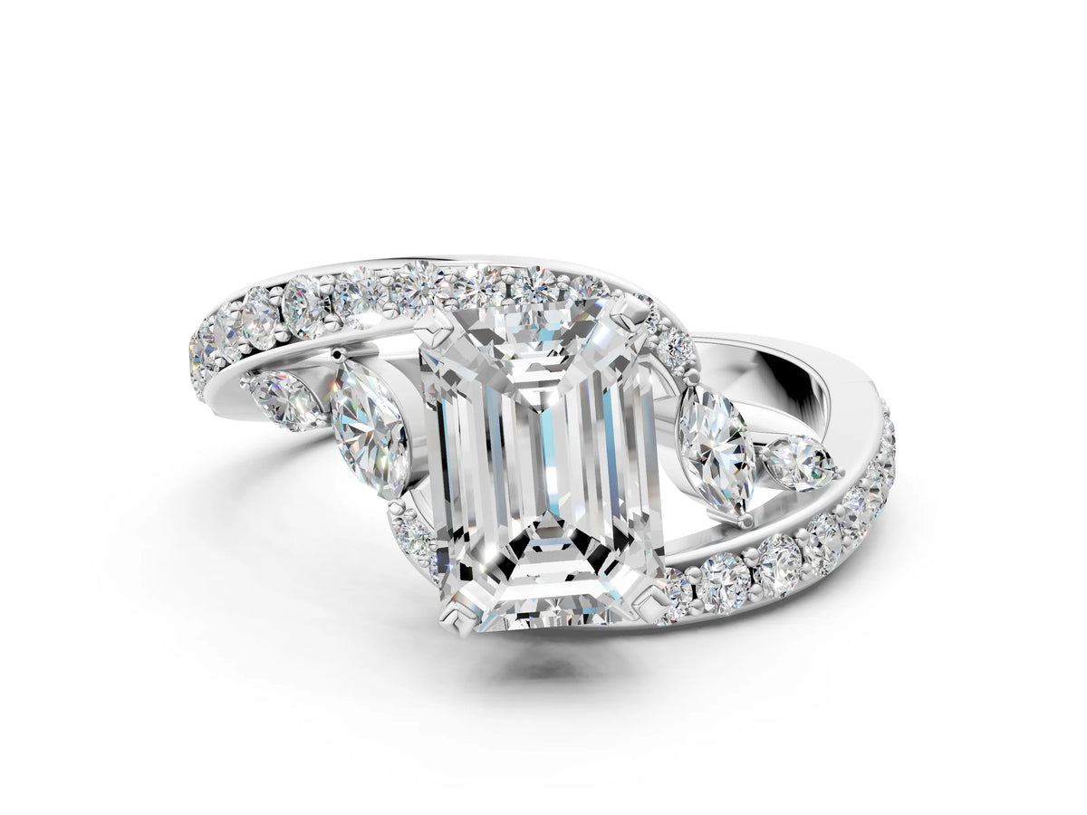 White gold Emerald Cut Solitaire with Pavé Twist Band and Four-Prong Setting