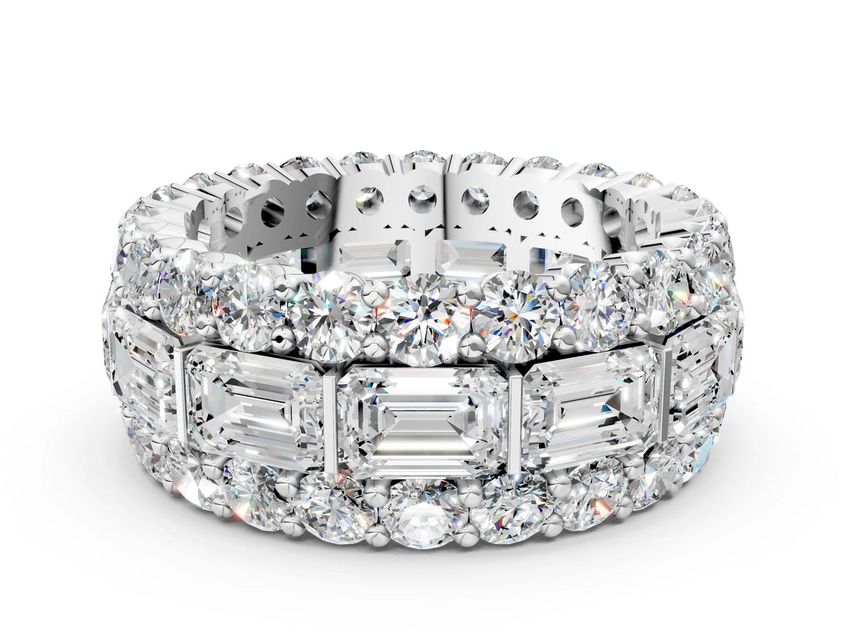 White gold Emerald Cut and Round Diamond Three-Row Eternity Mens Band