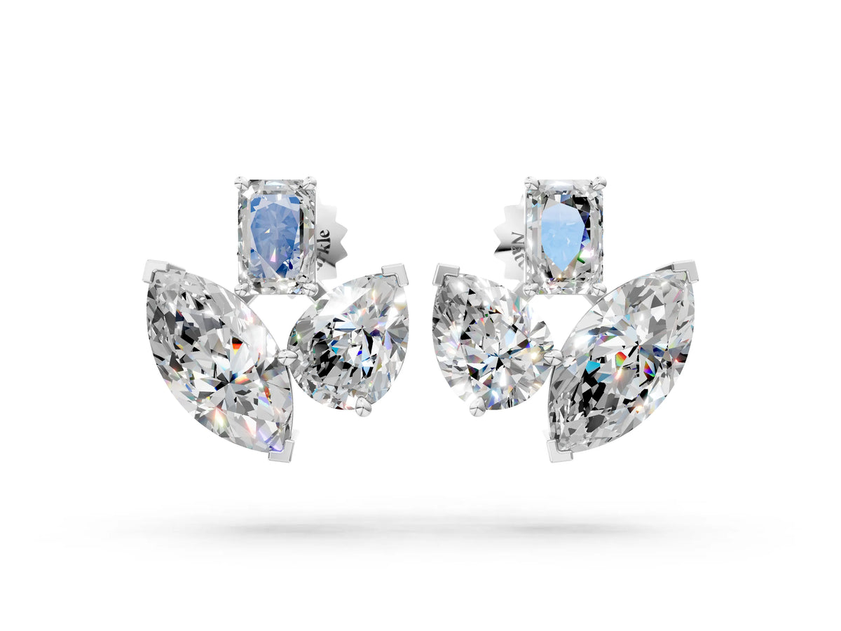 White gold Emerald, Marquise and Pear Diamond Mosaic Three Stone Fan Earrings