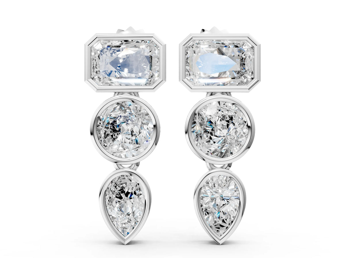 White gold Emerald, Round and Pear Diamond Bezel Drop Earrings
