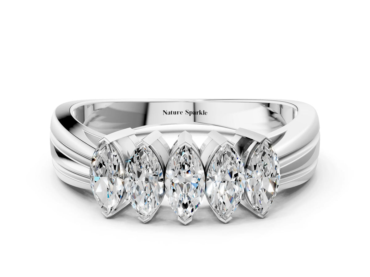 White gold Five-Stone Marquise Diamond Split Shank Ring with Shared Prong Setting
