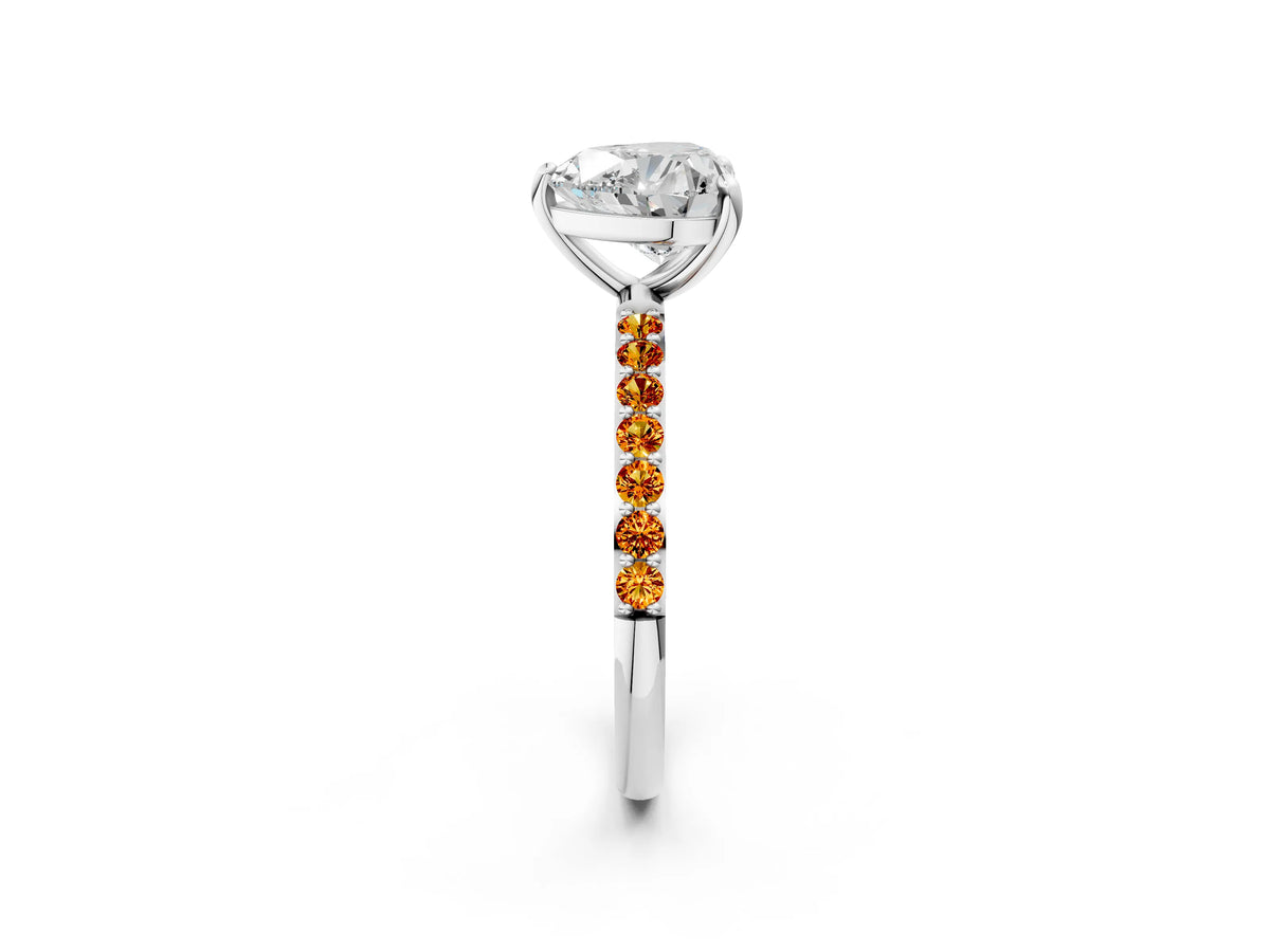 White gold Heart Cut Diamond Solitaire Ring with Round Citrine Pavé Band and Prong Setting_2