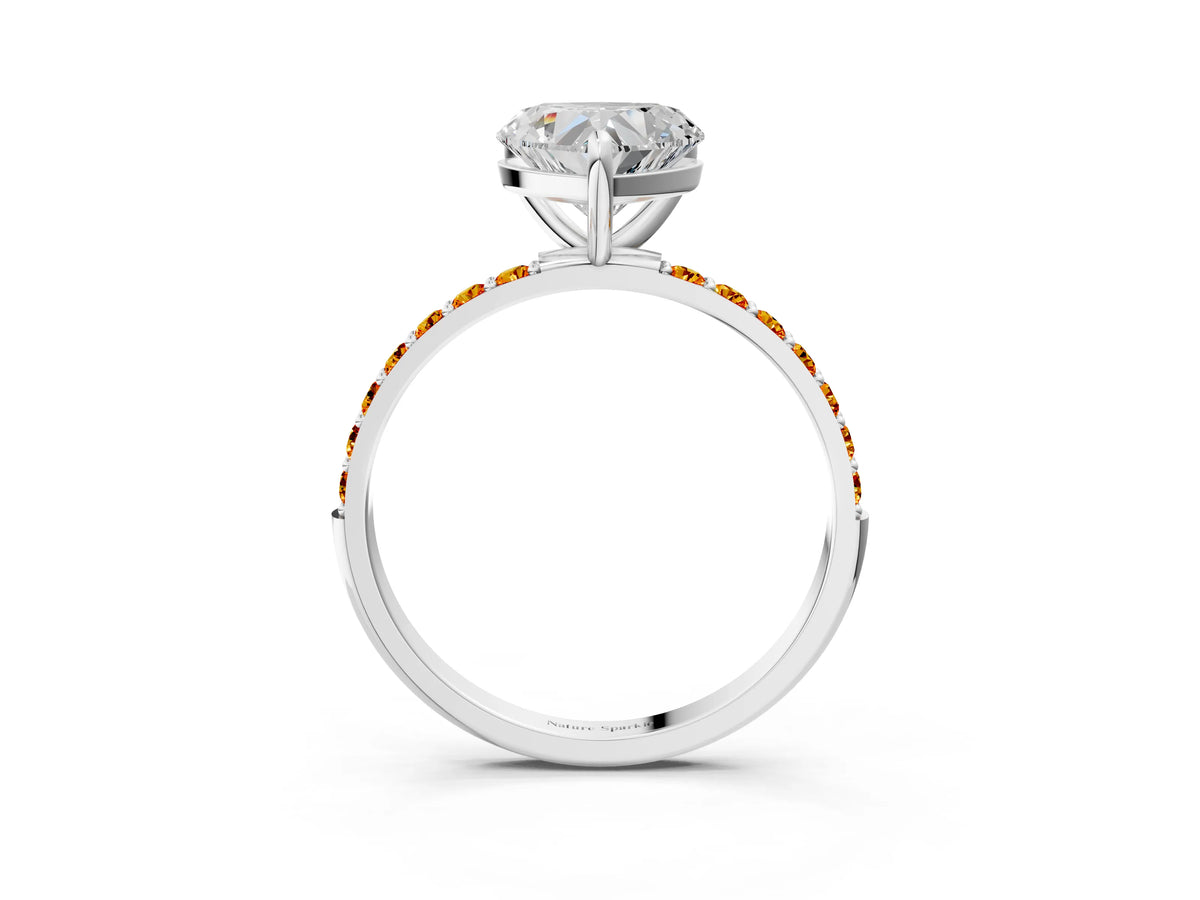 White gold Heart Cut Diamond Solitaire Ring with Round Citrine Pavé Band and Prong Setting_3