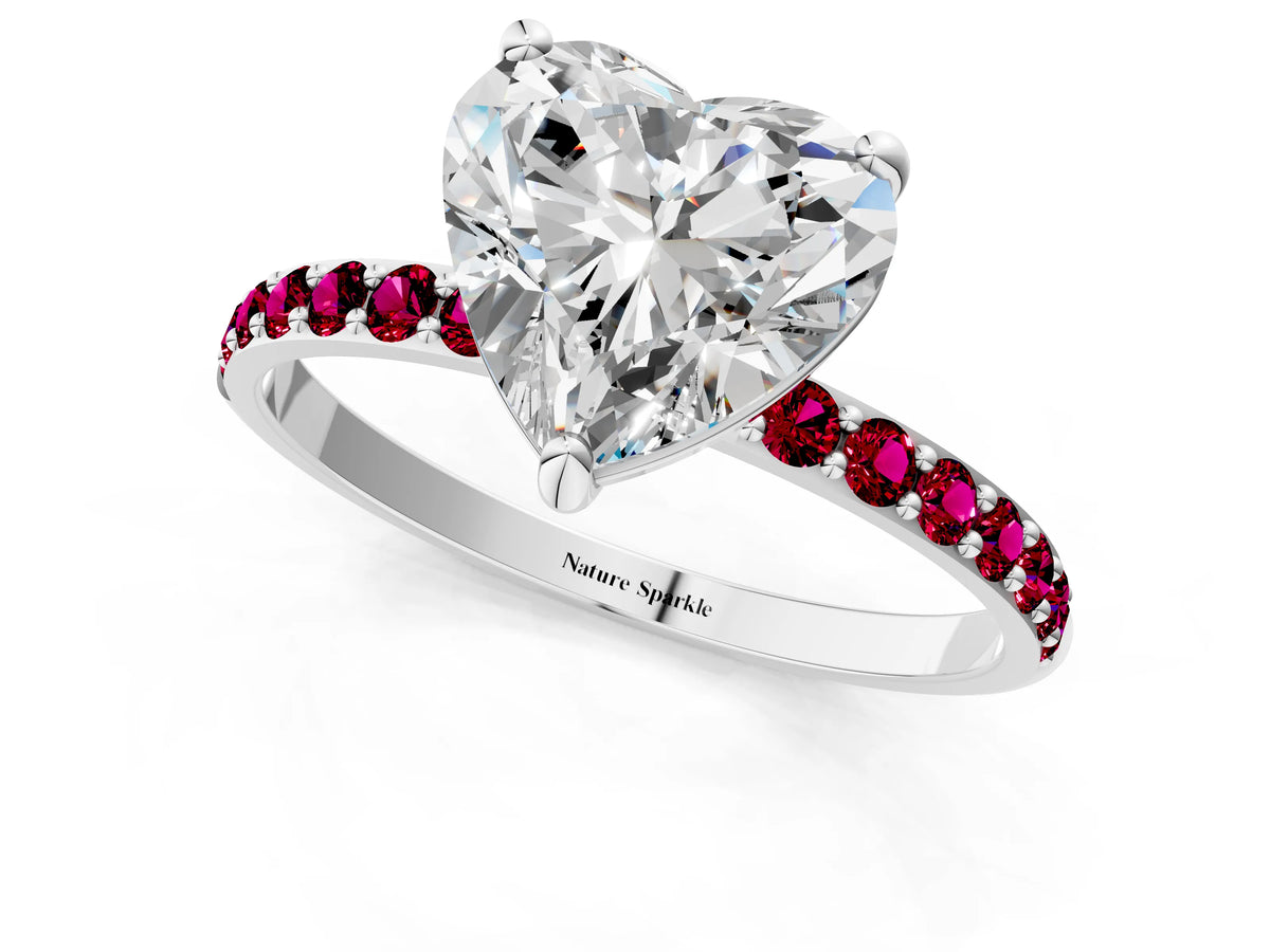 White gold Heart Cut Diamond Solitaire Ring with Round Garnet Pavé Band and Prong Setting_1