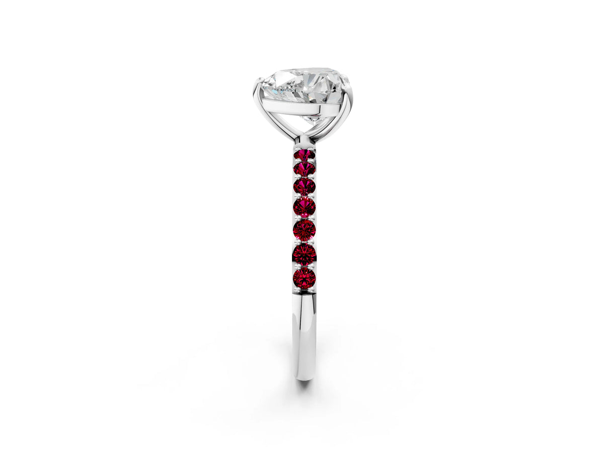 White gold Heart Cut Diamond Solitaire Ring with Round Garnet Pavé Band and Prong Setting_2