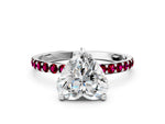 White gold Heart Cut Diamond Solitaire Ring with Round Garnet Pavé Band and Prong Setting