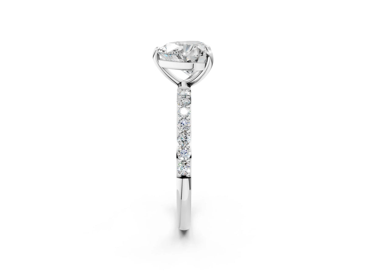 White gold Heart Cut Diamond Solitaire Ring with Round Moissanite Pavé Band and Prong Setting_2