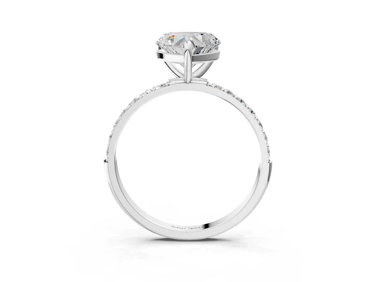 White gold Heart Cut Diamond Solitaire Ring with Round Moissanite Pavé Band and Prong Setting_3