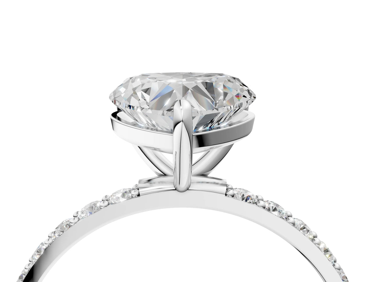 White gold Heart Cut Diamond Solitaire Ring with Round Moissanite Pavé Band and Prong Setting_4