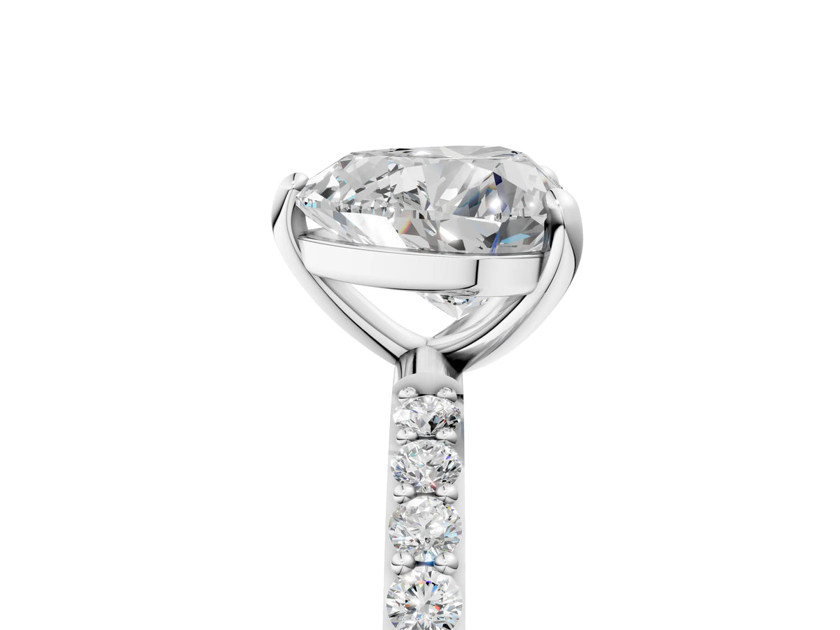 White gold Heart Cut Diamond Solitaire Ring with Round Moissanite Pavé Band and Prong Setting_5