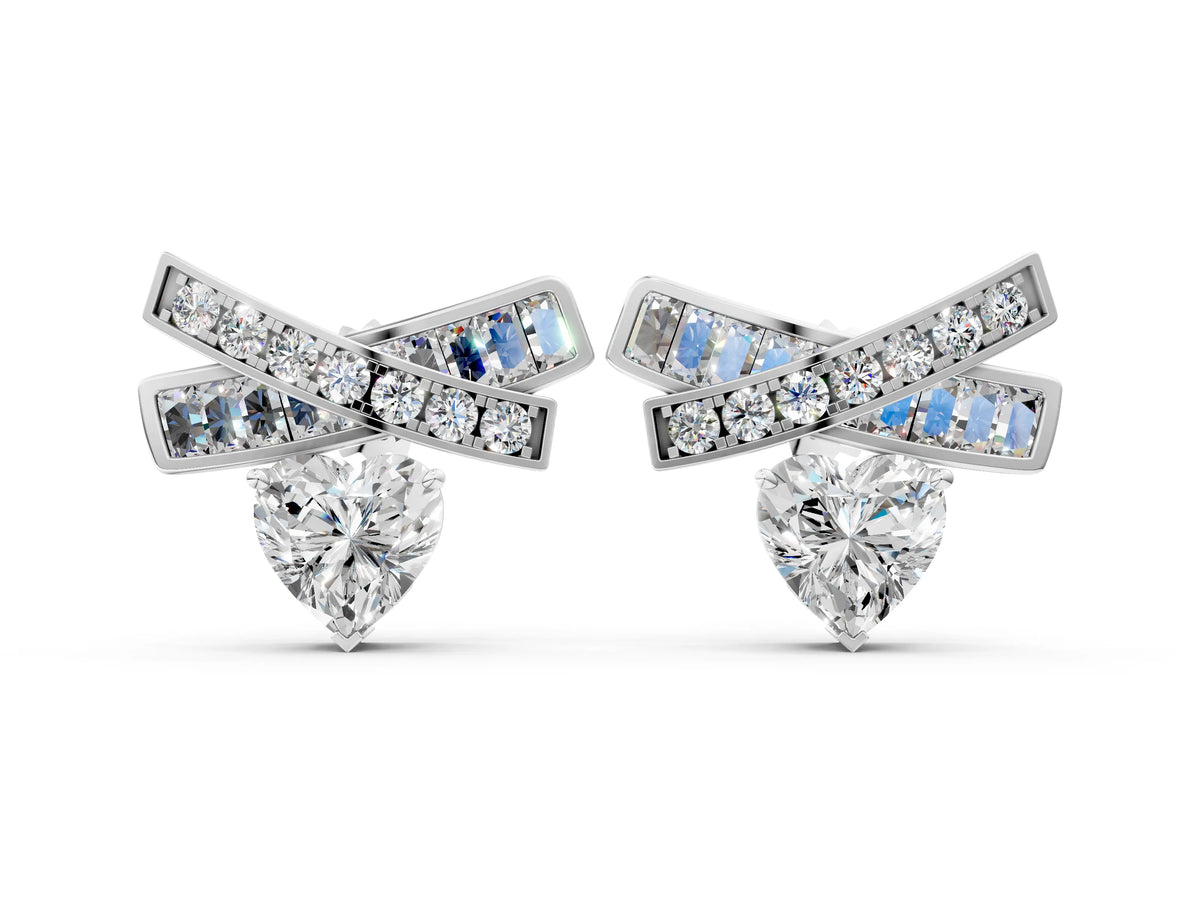 White gold Heart Diamond X Stud Earrings with Baguette and Round Accents