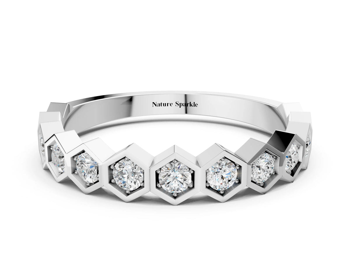 White gold Hexagon Pave Diamond Eternity Band with Bezel Setting