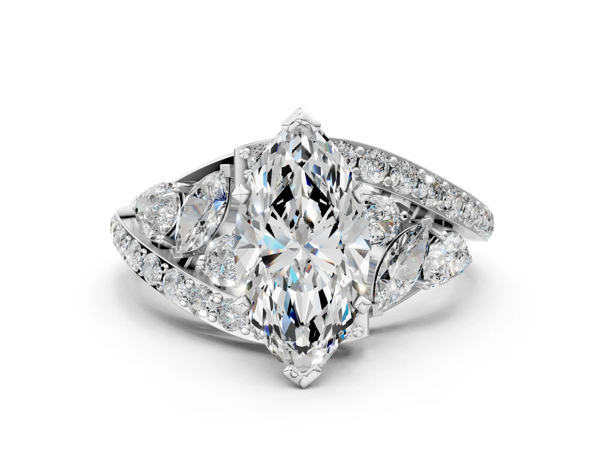 White gold Marquise Cut Diamond Halo Ring with Marquise and Pavé Band in Prong Setting