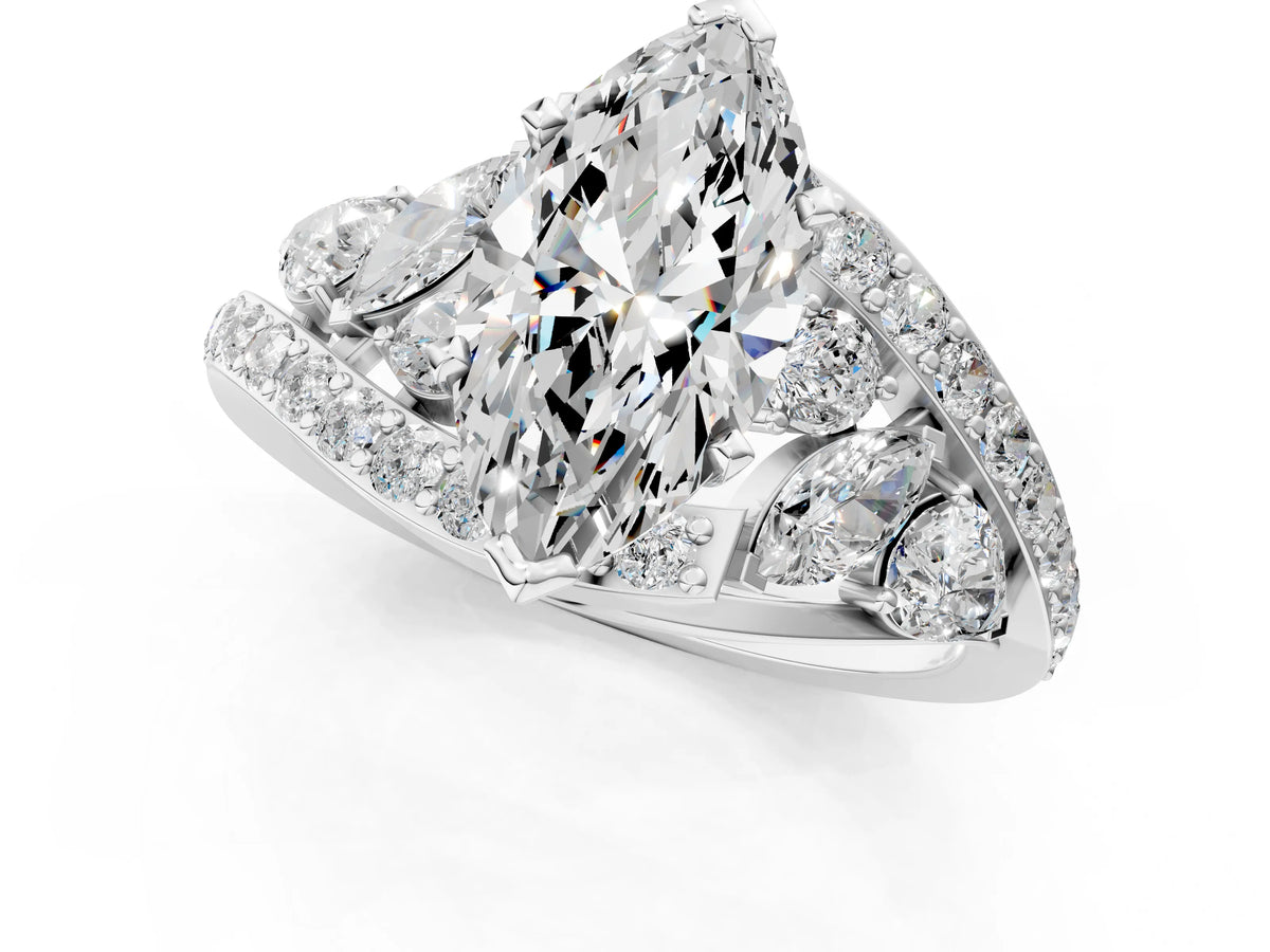 White gold Marquise Cut Diamond Halo Ring with Marquise and Pavé Band in Prong Setting_1