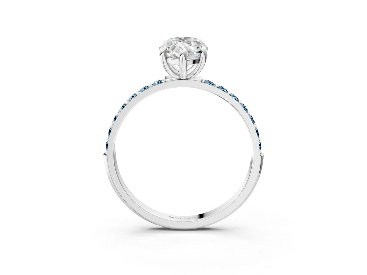White gold Marquise Cut Diamond Solitaire Ring with Round Aquamarine Pavé Band and Prong Setting_3