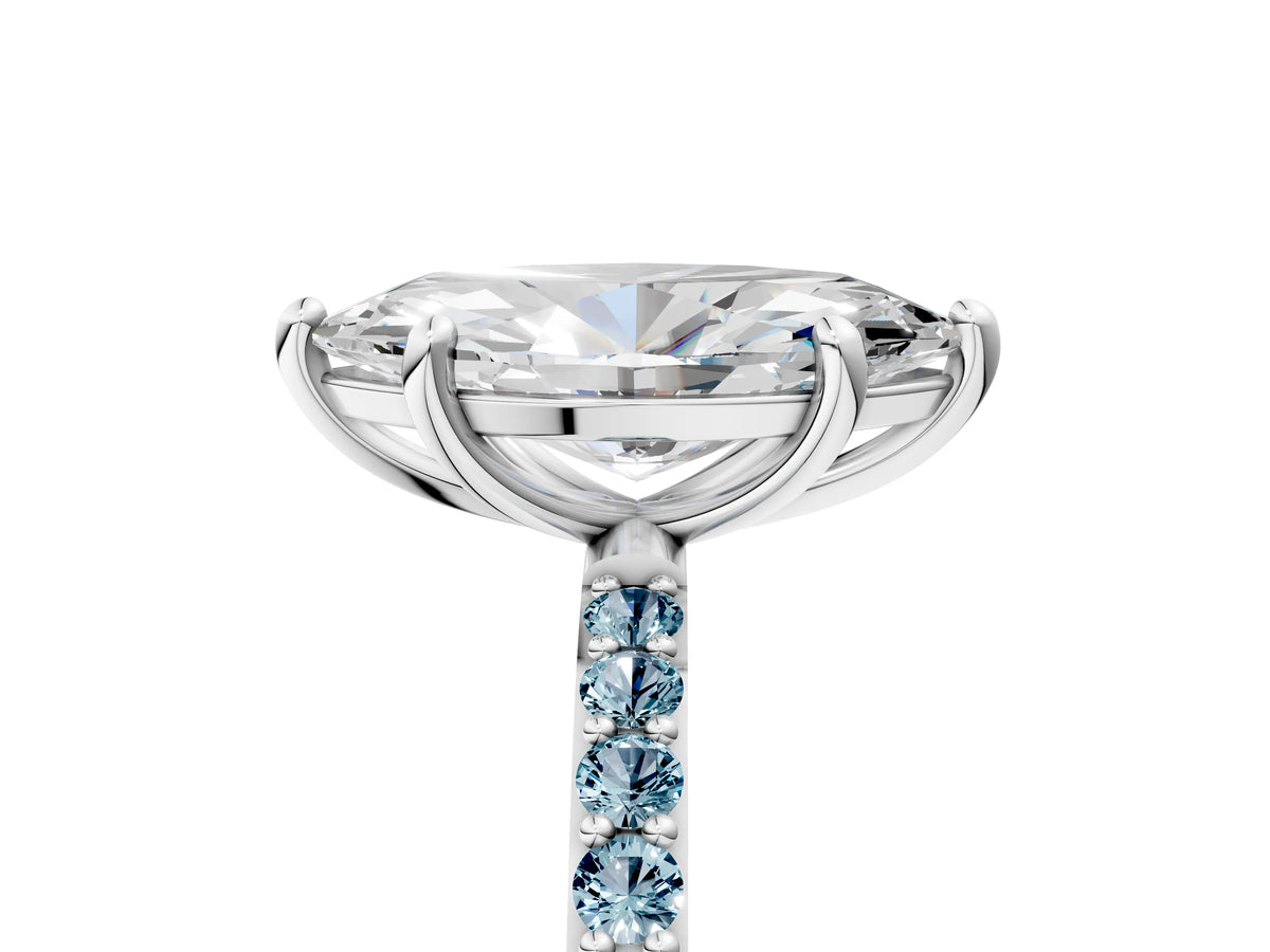 White gold Marquise Cut Diamond Solitaire Ring with Round Aquamarine Pavé Band and Prong Setting_5