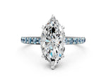 White gold Marquise Cut Diamond Solitaire Ring with Round Aquamarine Pavé Band and Prong Setting