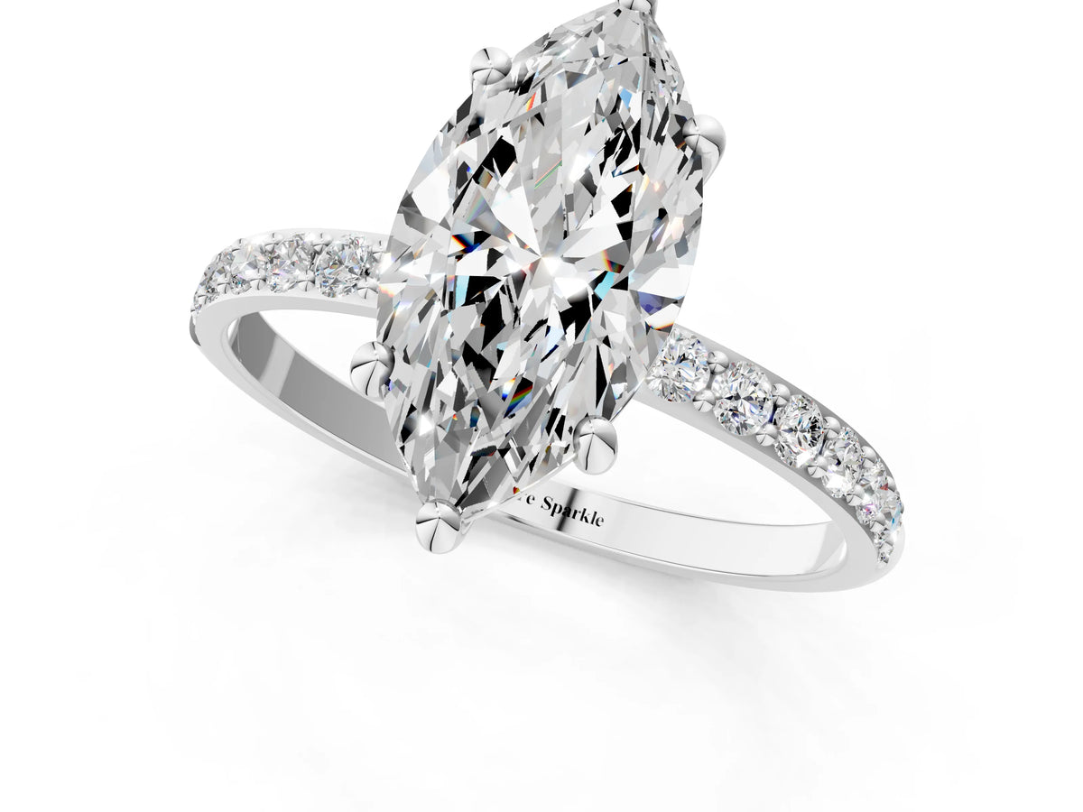 White gold Marquise Cut Diamond Solitaire Ring with Round Moissanite Pavé Band and Prong Setting_1