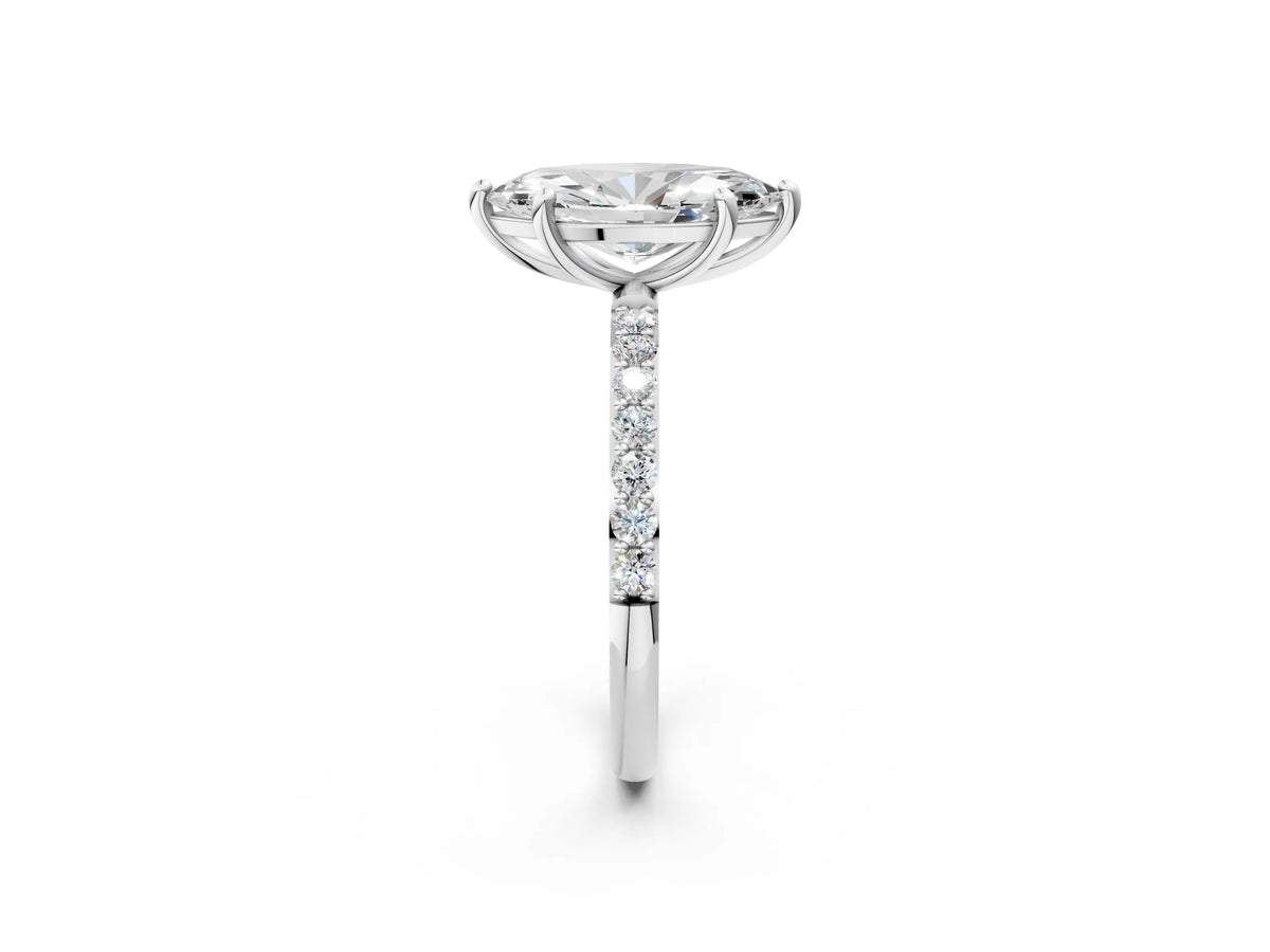 White gold Marquise Cut Diamond Solitaire Ring with Round Moissanite Pavé Band and Prong Setting_2