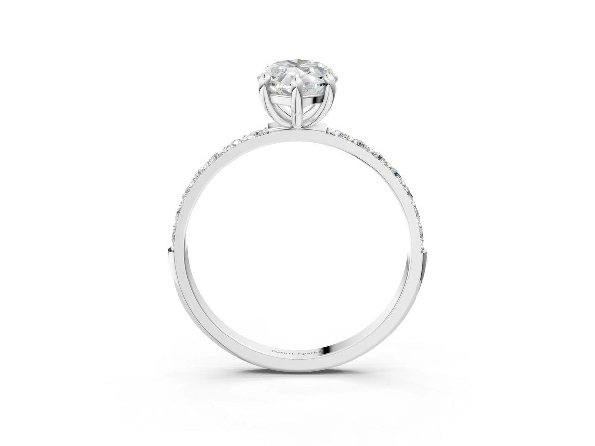 White gold Marquise Cut Diamond Solitaire Ring with Round Moissanite Pavé Band and Prong Setting_3