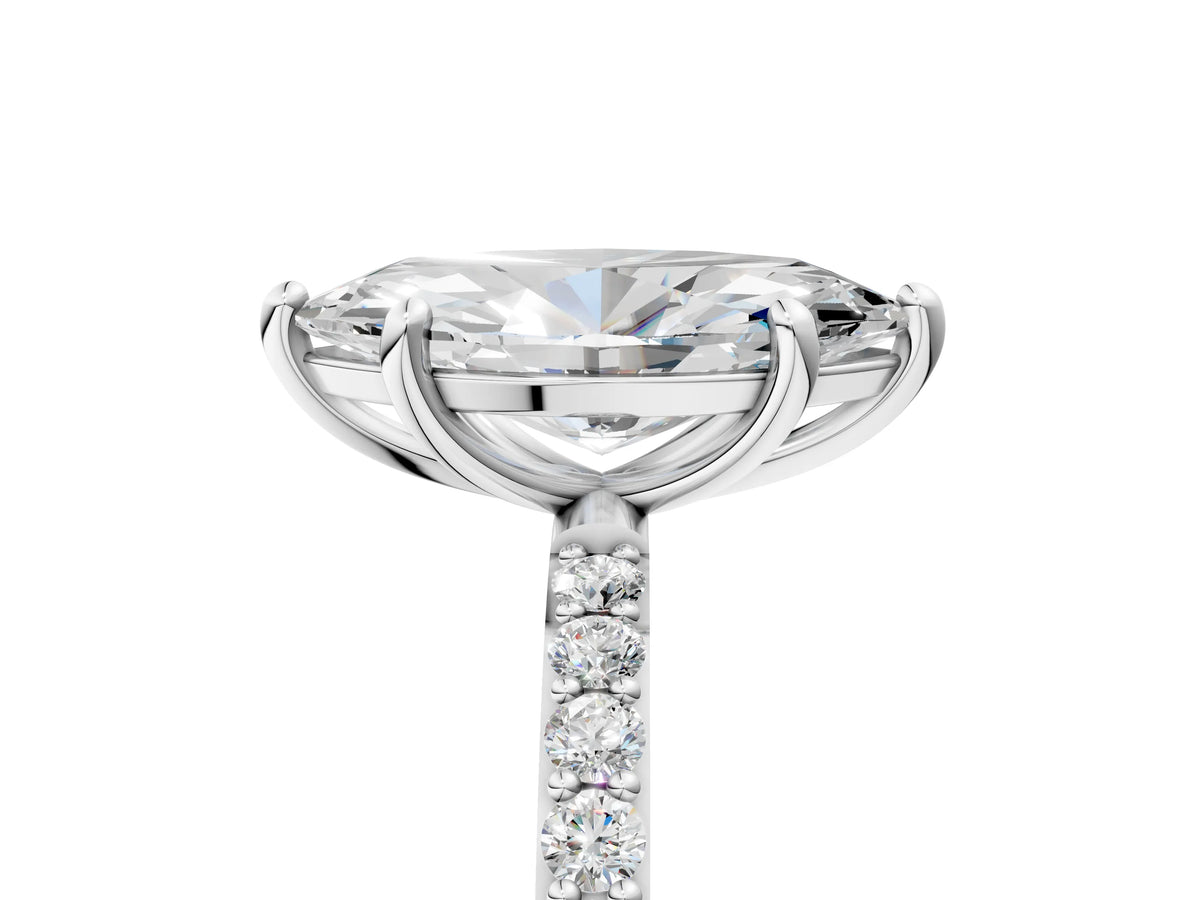 White gold Marquise Cut Diamond Solitaire Ring with Round Moissanite Pavé Band and Prong Setting_5