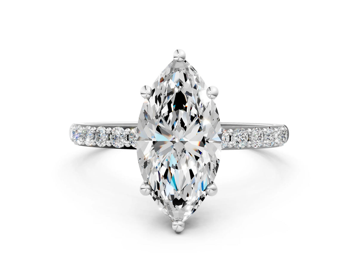 White gold Marquise Cut Diamond Solitaire Ring with Round Moissanite Pavé Band and Prong Setting