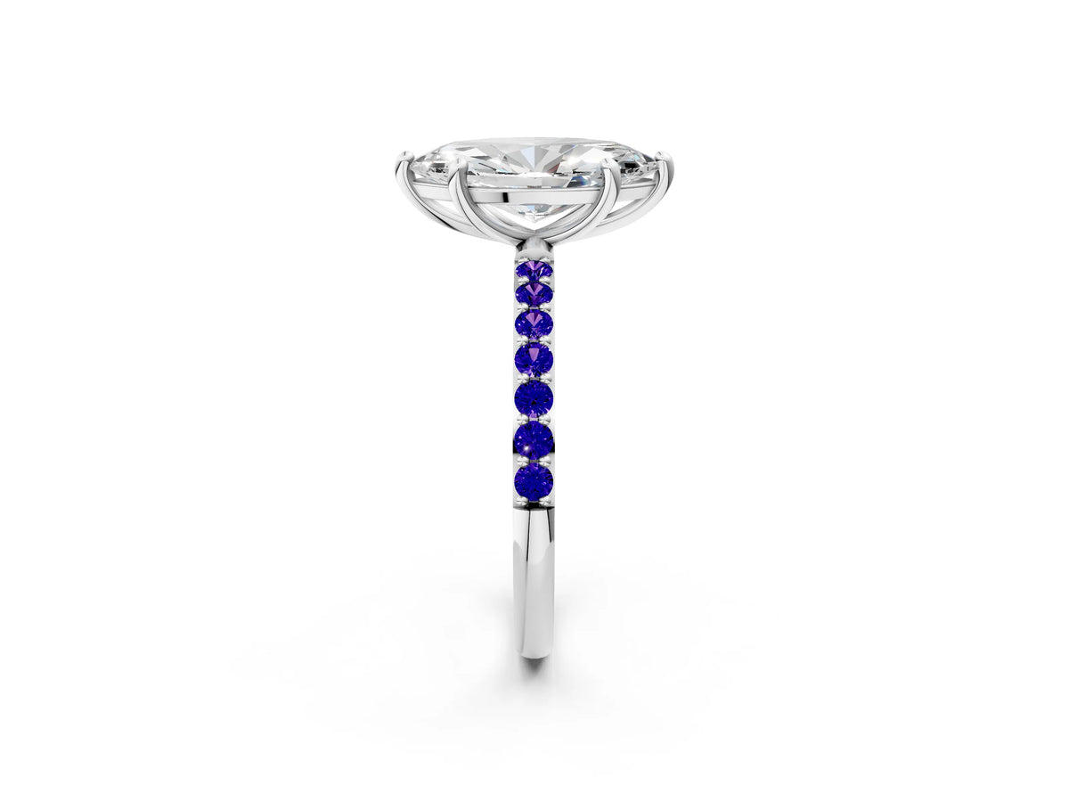 White gold Marquise Cut Diamond Solitaire Ring with Round Tanzanite Pavé Band and Prong Setting_2