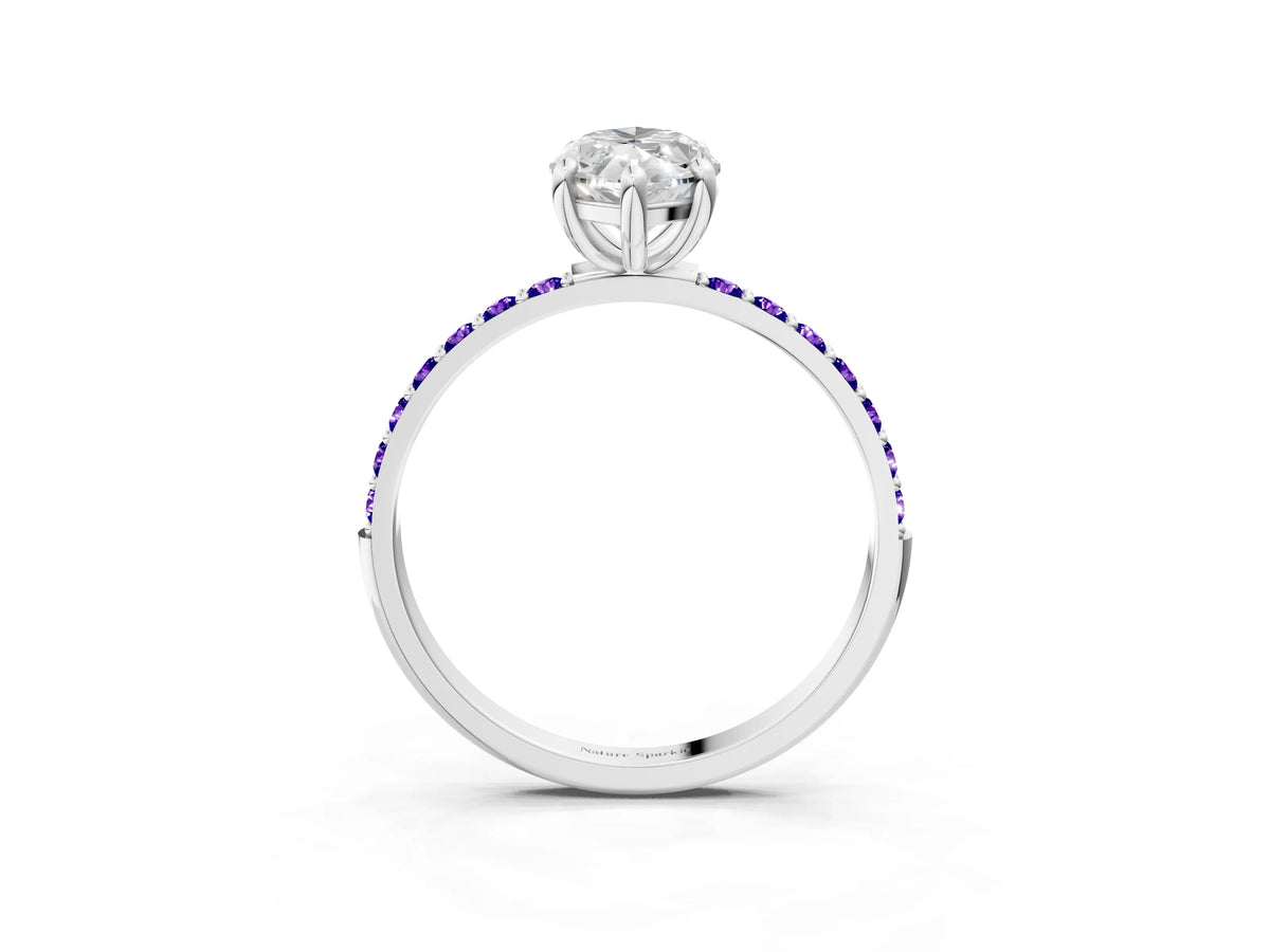 White gold Marquise Cut Diamond Solitaire Ring with Round Tanzanite Pavé Band and Prong Setting_3