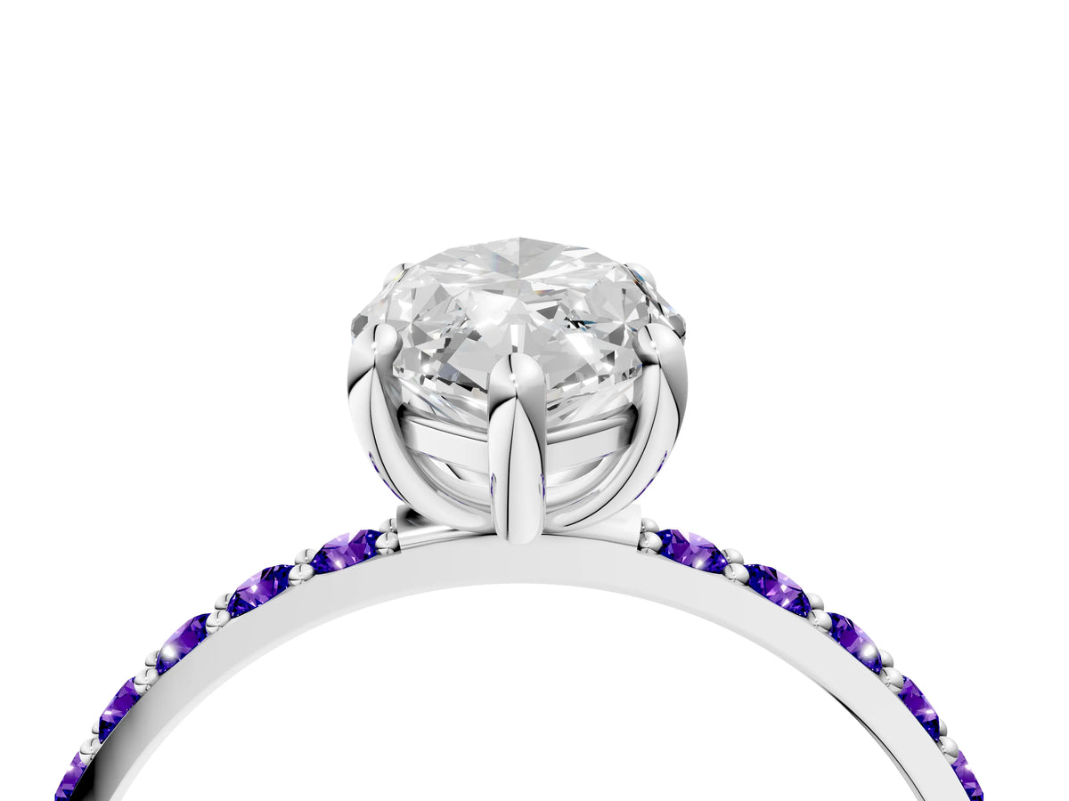 White gold Marquise Cut Diamond Solitaire Ring with Round Tanzanite Pavé Band and Prong Setting_4