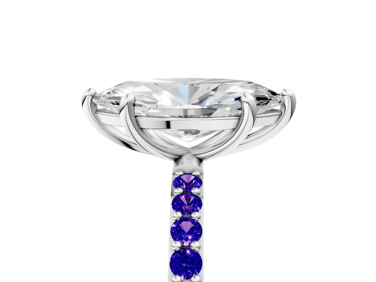 White gold Marquise Cut Diamond Solitaire Ring with Round Tanzanite Pavé Band and Prong Setting_5