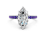 White gold Marquise Cut Diamond Solitaire Ring with Round Tanzanite Pavé Band and Prong Setting