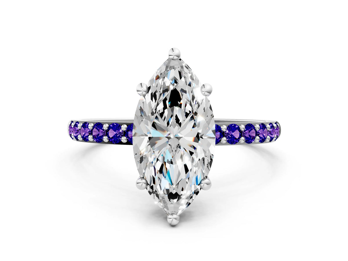 White gold Marquise Cut Diamond Solitaire Ring with Round Tanzanite Pavé Band and Prong Setting