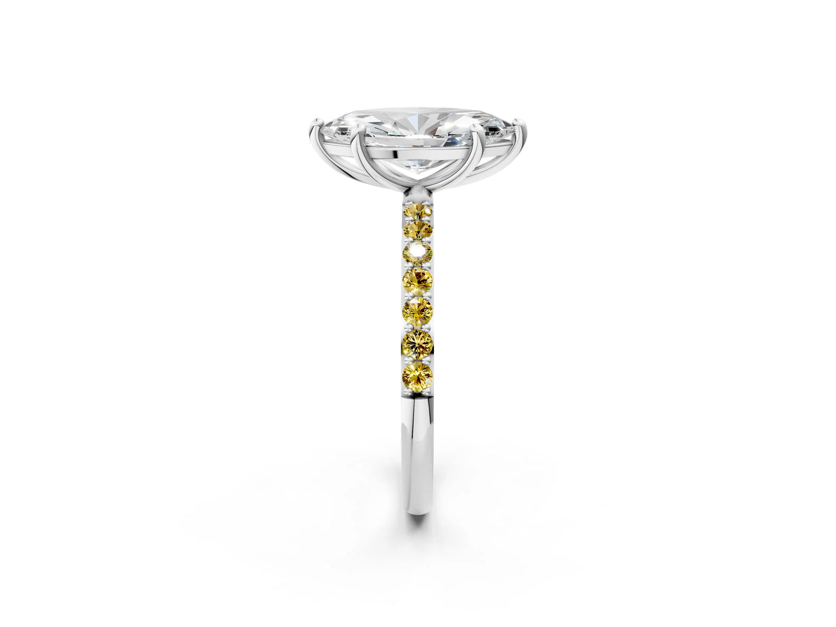 White gold Marquise Cut Diamond Solitaire Ring with Round Yellow Sapphire Pavé Band and Prong Setting_2