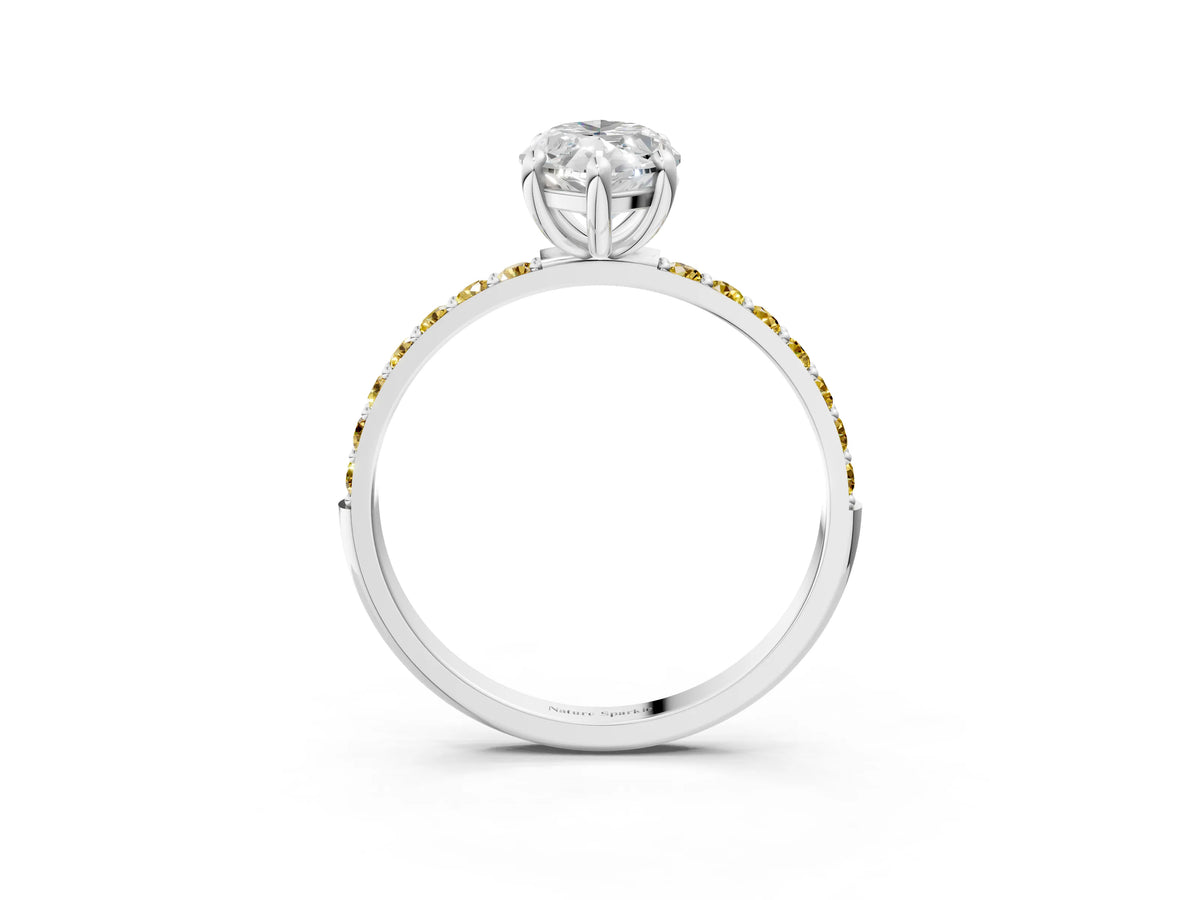 White gold Marquise Cut Diamond Solitaire Ring with Round Yellow Sapphire Pavé Band and Prong Setting_3