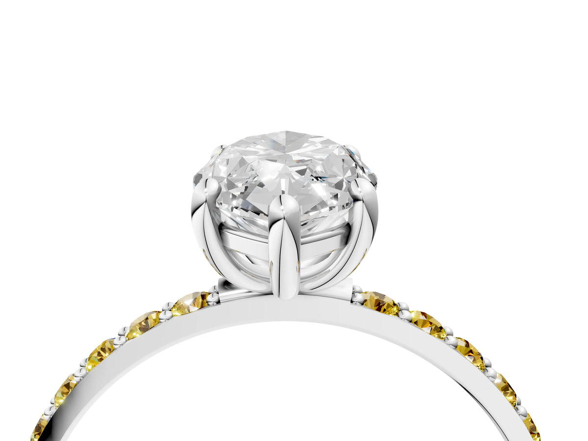White gold Marquise Cut Diamond Solitaire Ring with Round Yellow Sapphire Pavé Band and Prong Setting_4