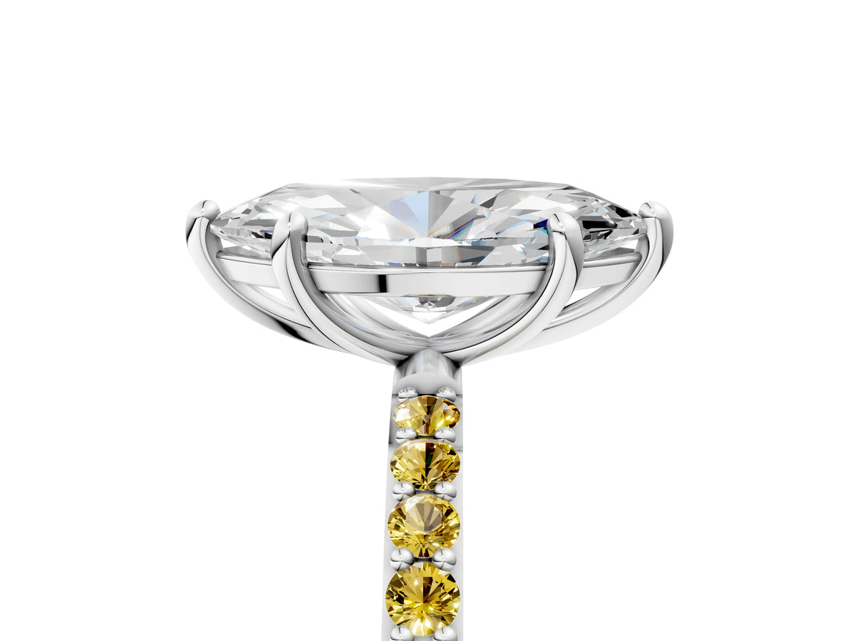 White gold Marquise Cut Diamond Solitaire Ring with Round Yellow Sapphire Pavé Band and Prong Setting_5