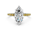White gold Marquise Cut Diamond Solitaire Ring with Round Yellow Sapphire Pavé Band and Prong Setting