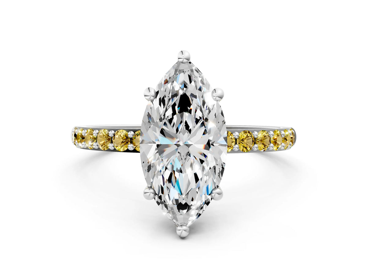 White gold Marquise Cut Diamond Solitaire Ring with Round Yellow Sapphire Pavé Band and Prong Setting