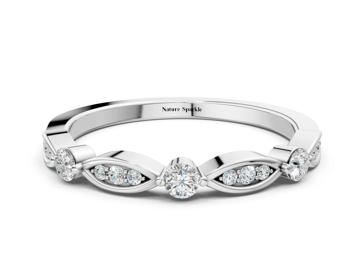 White gold Marquise and Round Diamond Milgrain Band with Bezel Setting
