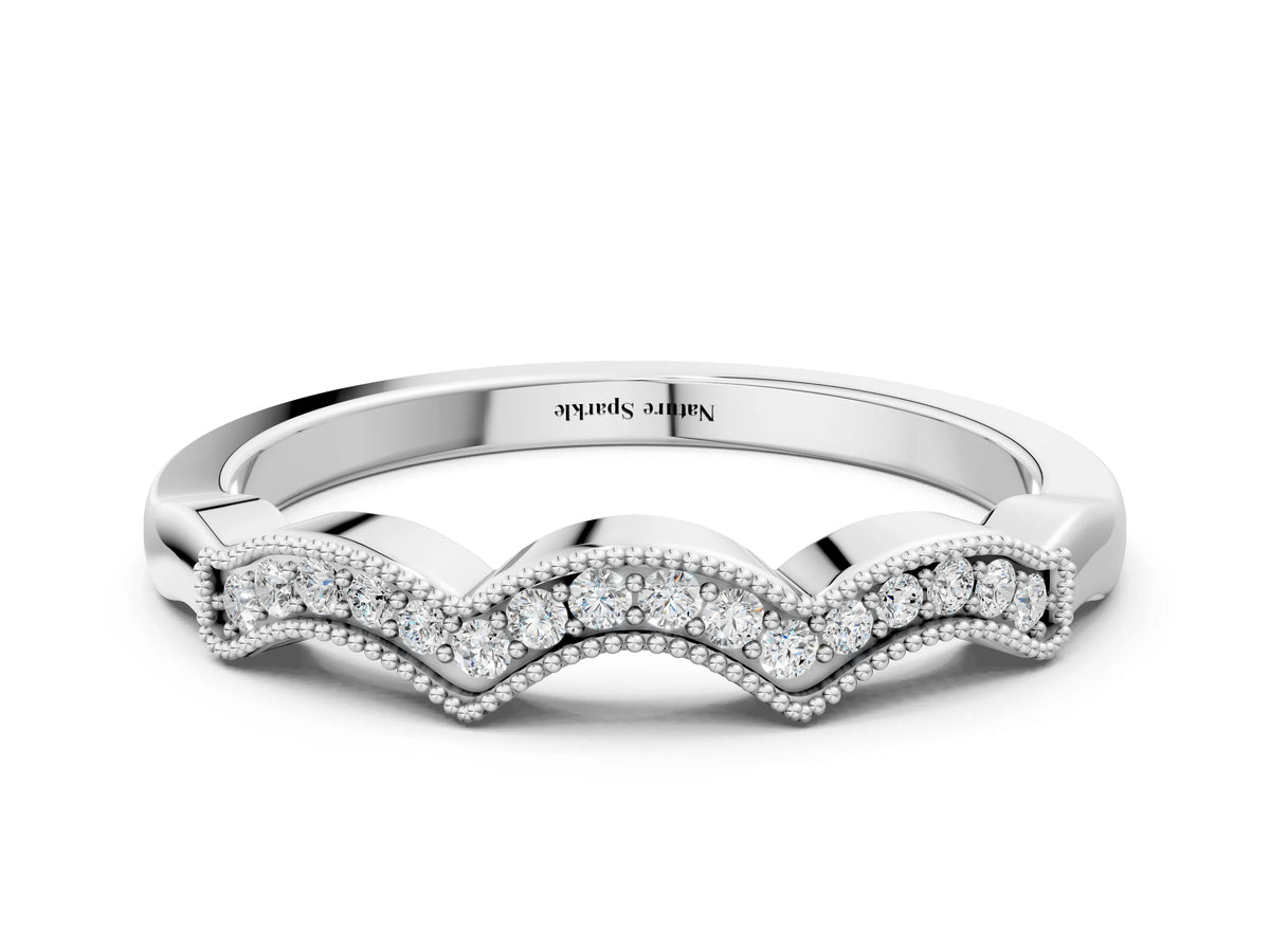 White gold Milgrain Pavé Round Diamond Curved Band